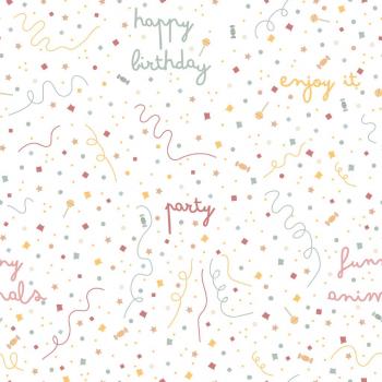 Baumwoll Jersey Druck Happy Birthday Schrift und Konfetti auf Weiß